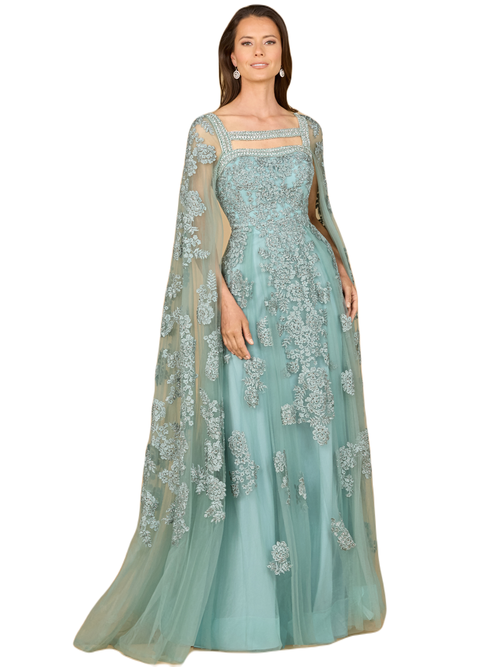 Lara New York Lace Gown With Long Cape Sleeves In Green
