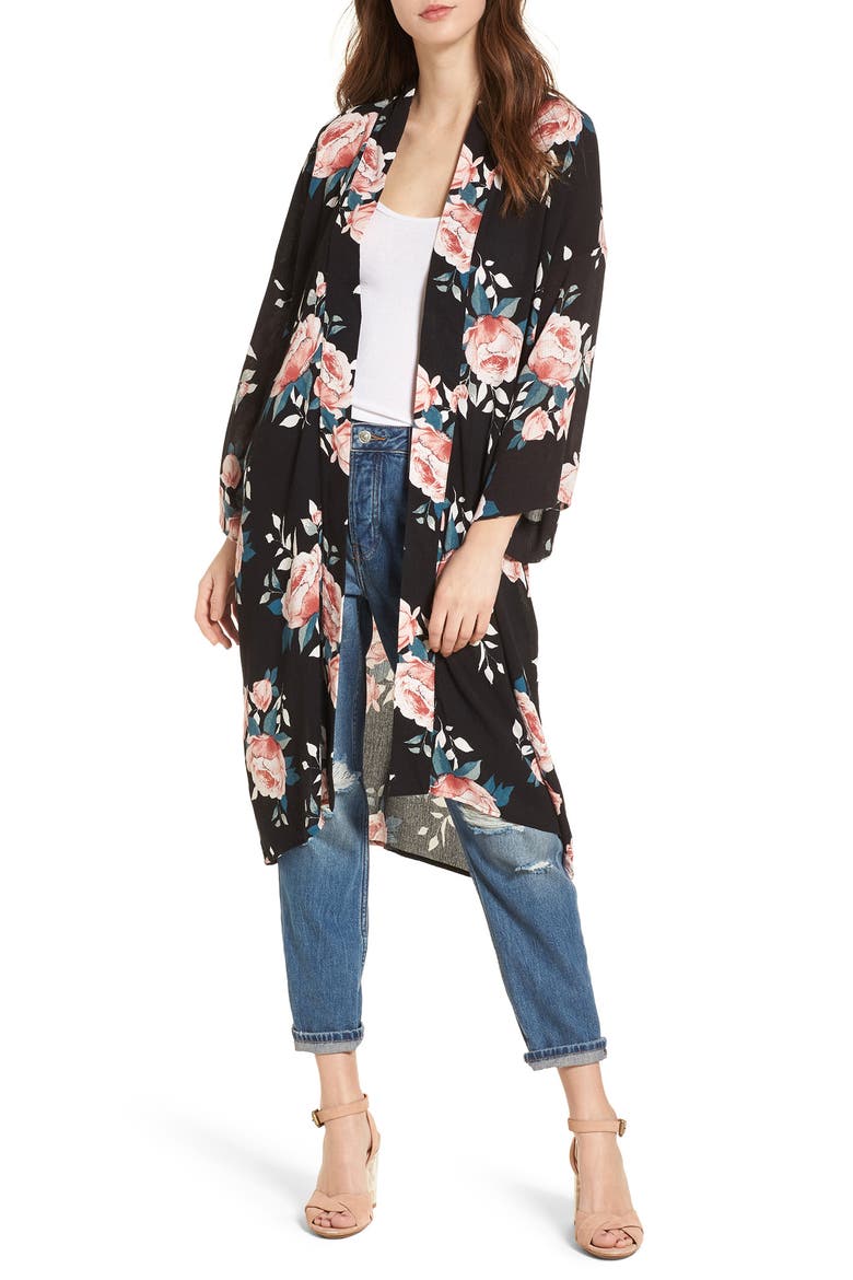 Rose Print Kimono, Main, color, BLACK
