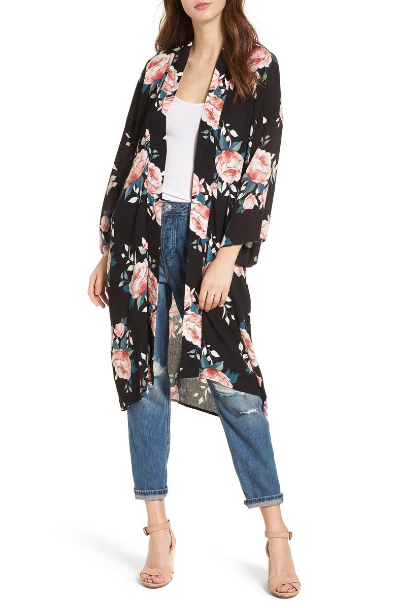 Mimi Chica Rose Print Kimono, Main, color, 