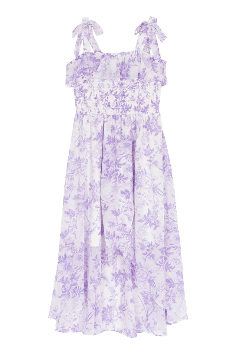 Kids' Print Smocked Chiffon High-Low Dress, Alternate, color, LILAC