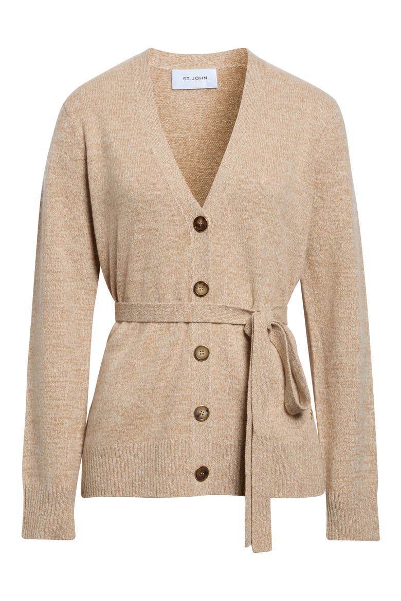 Belted Wool Moulinè Cardigan, Main, color, CAMEL MOULIN