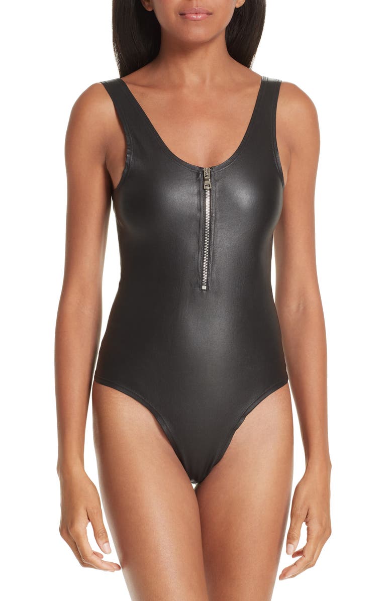 SPRWMN Front Zip Leather Bodysuit, Alternate, color, 