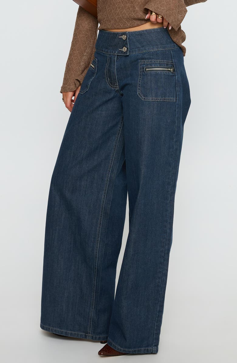 Princess Polly Unwritten Mid Rise Wide Leg Jeans, Alternate, color, Dark Blue Wash