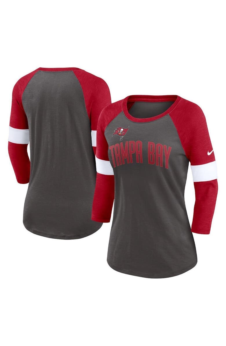 Nike Women's Nike Tampa Bay Buccaneers Heather Pewter/Heather Red Football Pride Slub 3/4 Raglan Sleeve T-Shirt, Main, color, 
