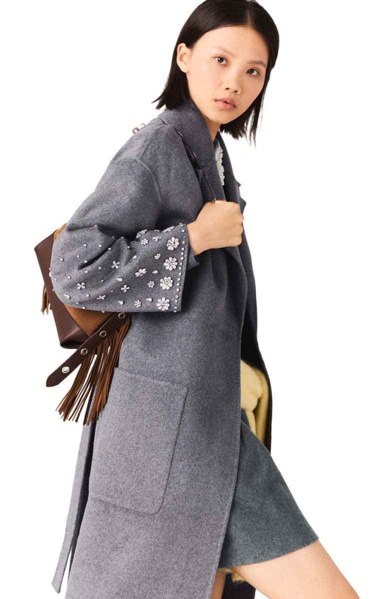 maje Long double-faced rhinestone coat, Alternate, color, Grey