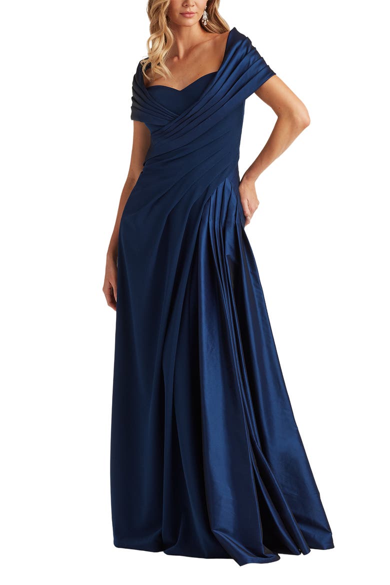 Portrait Collar Satin & Crepe Gown, Alternate, color, NAVY