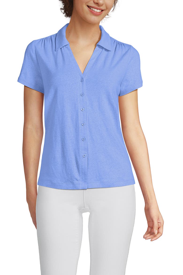 Linen Blend Short Sleeve Button Front Polo Top, Main, color, Clear Blue Sky