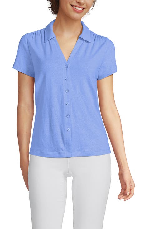 Linen Blend Short Sleeve Button Front Polo Top
