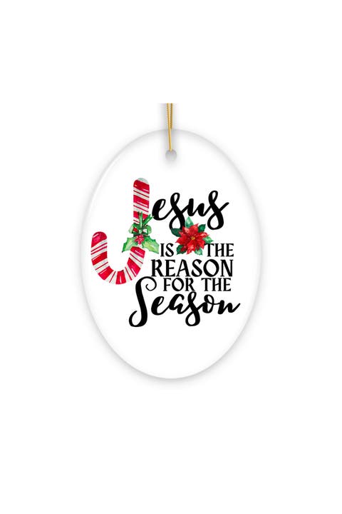 Jesus Is The Reason Candy Cane Oval Ceramic Ornament