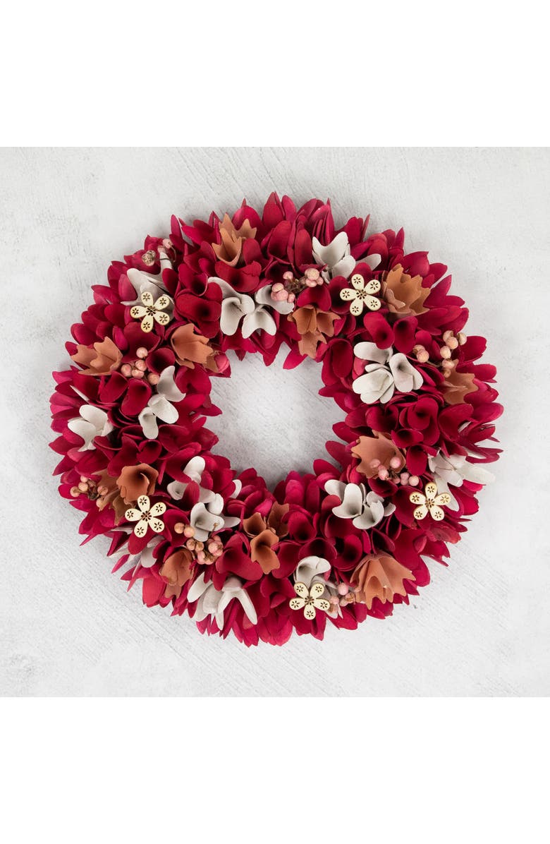 Northlight Wooden Floral Spring Wreath with Berries - 13" - Fuchsia Pink and White, Alternate, color, Red