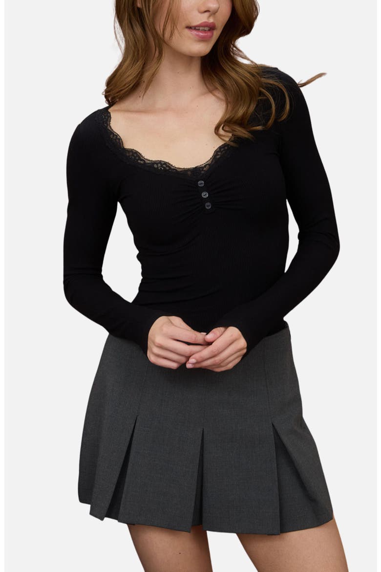 Lace Trim Knit Henley Top, Alternate, color, BLACK