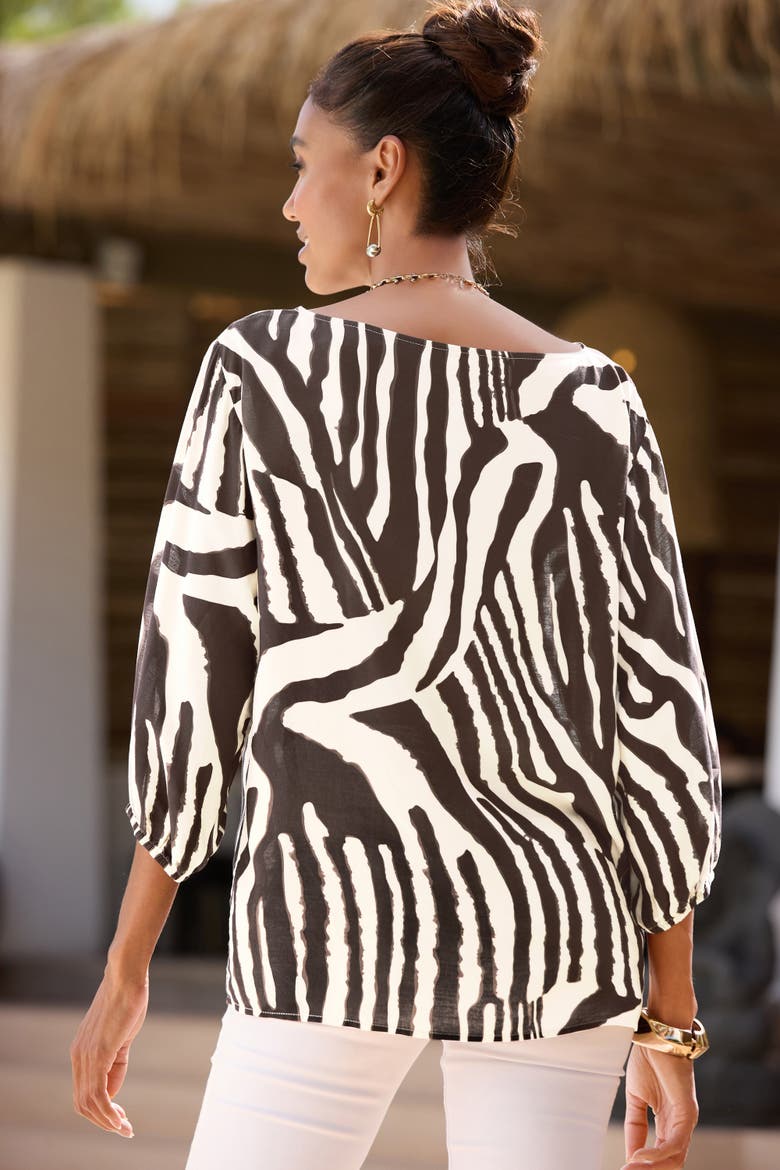 Boat Neck Balloon Sleeve Blouse, Alternate, color, Ivory & Brown