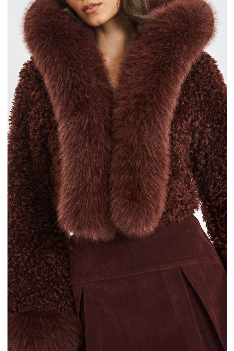 Cropped Kali Vegan Shearling Fur Hooded Jacket, Alternate, color, Mahogany