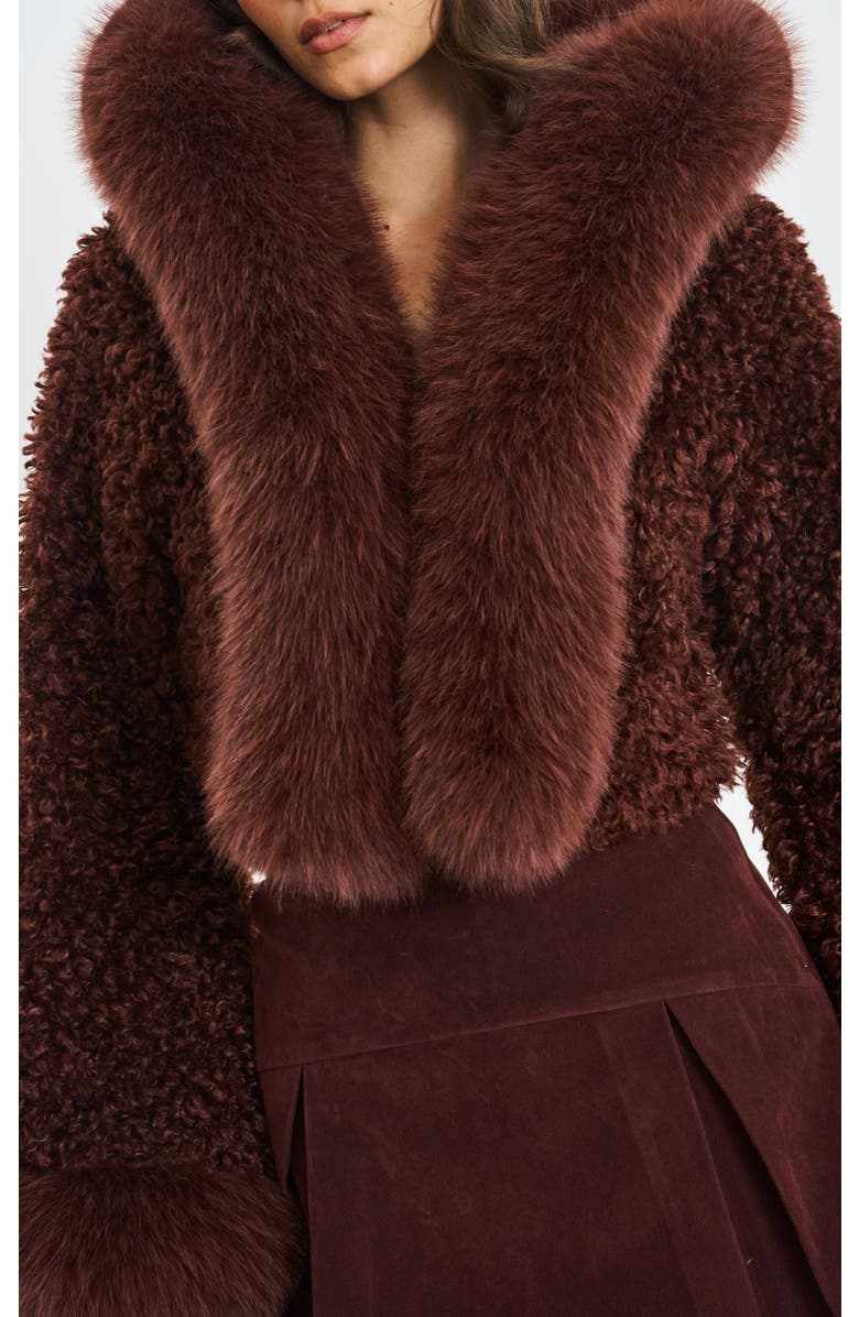 Miss Circle Cropped Kali Vegan Shearling Fur Hooded Jacket, Alternate, color, Mahogany