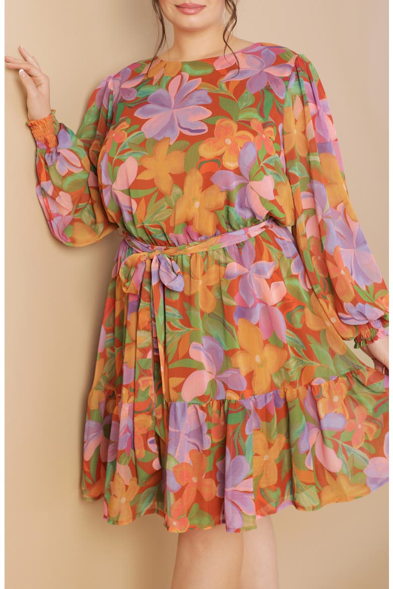Long Sleeve Print Minidress, Alternate, color, RUST