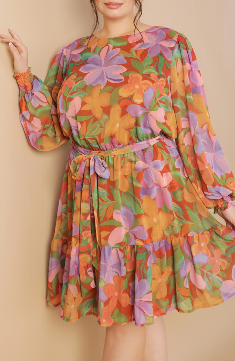 FLYING TOMATO Long Sleeve Print Minidress, Alternate, color, Rust