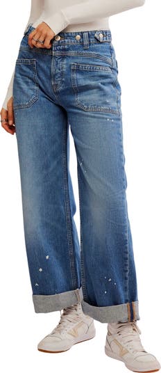 Free People on sale We The Free Jeans Womens 35 Blue Light Wash Wide Leg Raw Hem Ladies