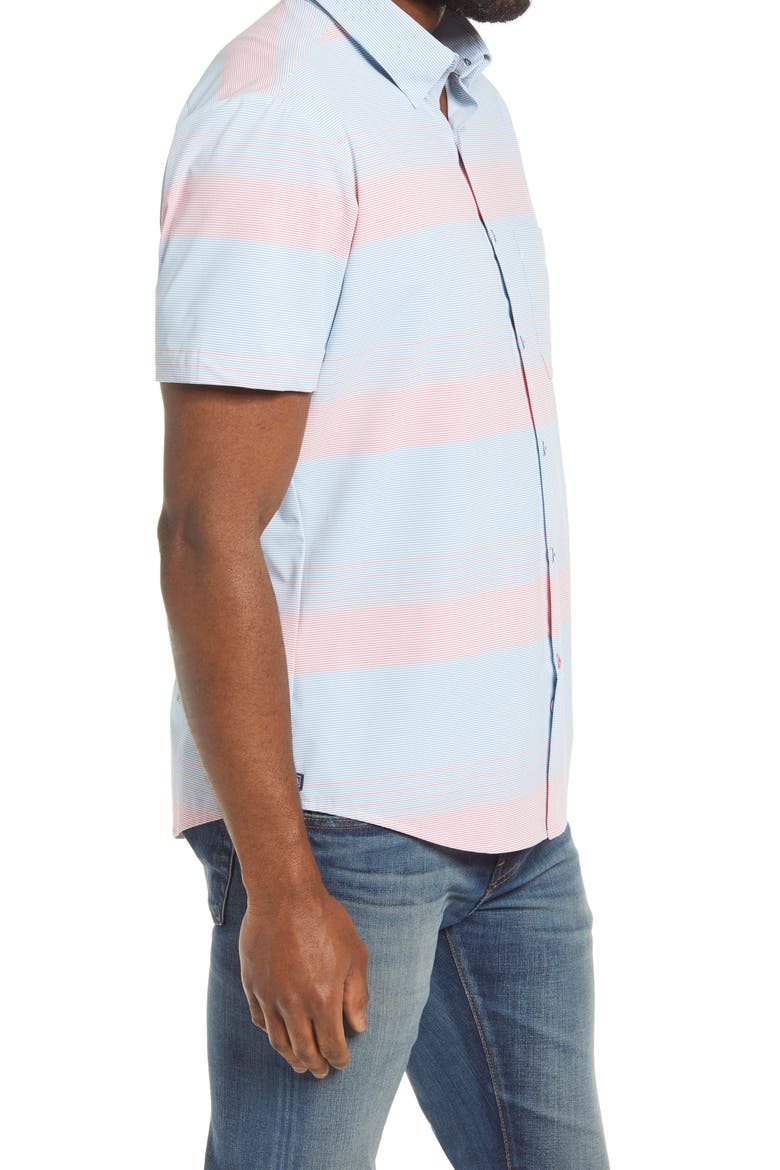 Leeward Trim Fit Stripe Short Sleeve Button-Up Performance Shirt, Alternate, color, BLUE RED STRIPE
