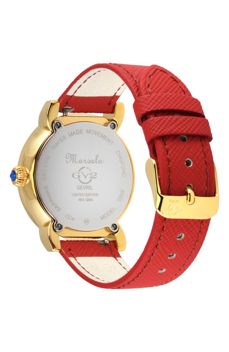 GV2 Marsala Mother of Pearl Dial Diamond Faux Leather Strap Watch, 37mm - 0.096ct., Alternate, color, Red