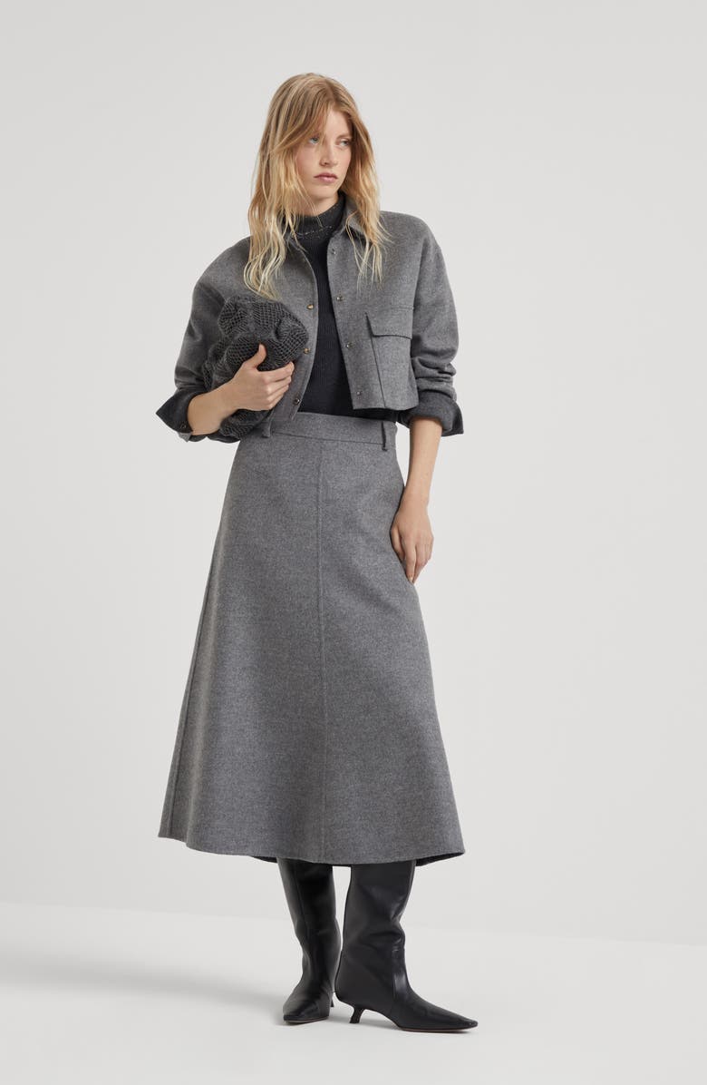 Brunello Cucinelli Virgin wool double cloth cropped shirt-style outerwear jacket with shiny tab, Alternate, color, 