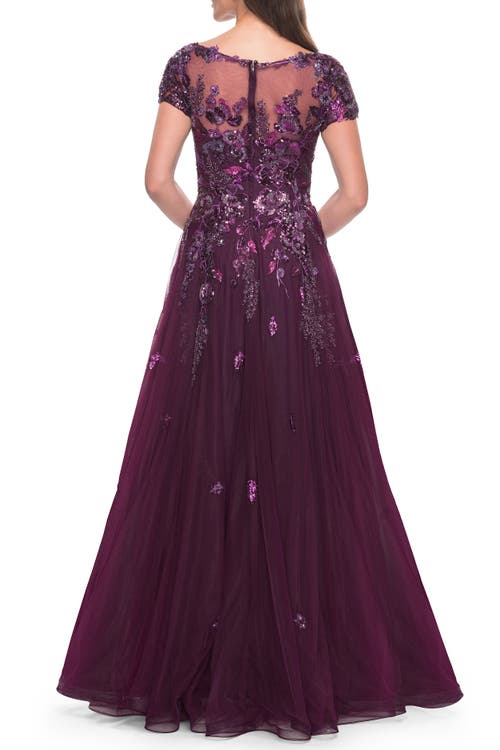 La Femme A-line Gown With Unique Sequin Floral Applique In Dark Berry