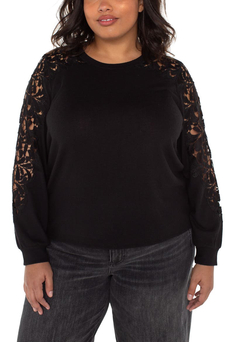 Lace Inset Crewneck Knit Top, Main, color, BLACK