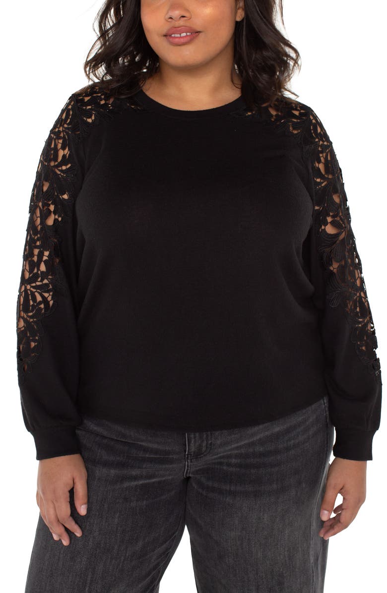 Liverpool Los Angeles Lace Inset Crewneck Knit Top, Main, color, Black