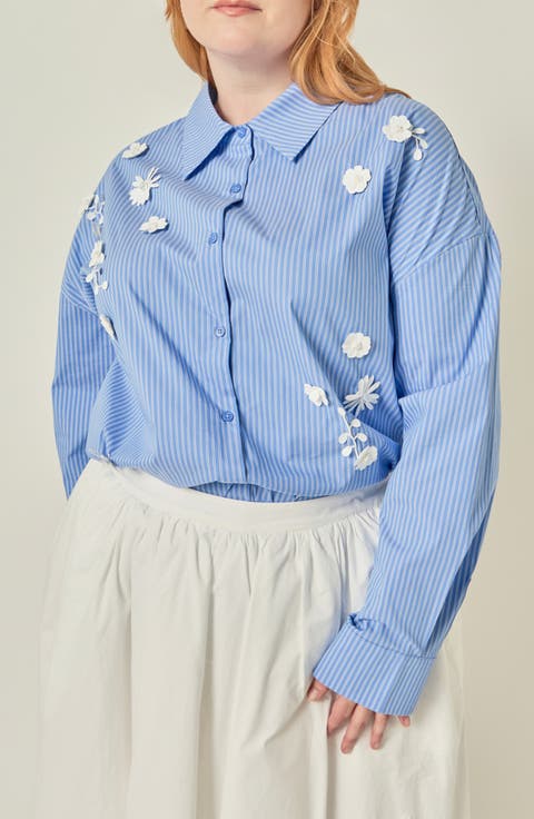 Flower Trim Striped Shirt