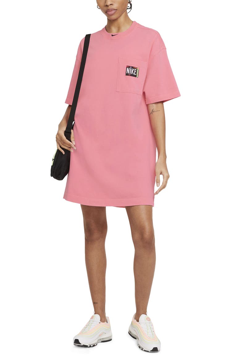 Sportswear Washed T-Shirt Dress, Main, color, SUNSET PULSE/ BLACK