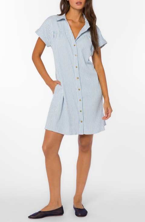 Stripe Short Sleeve Seersucker Mini Shirtdress