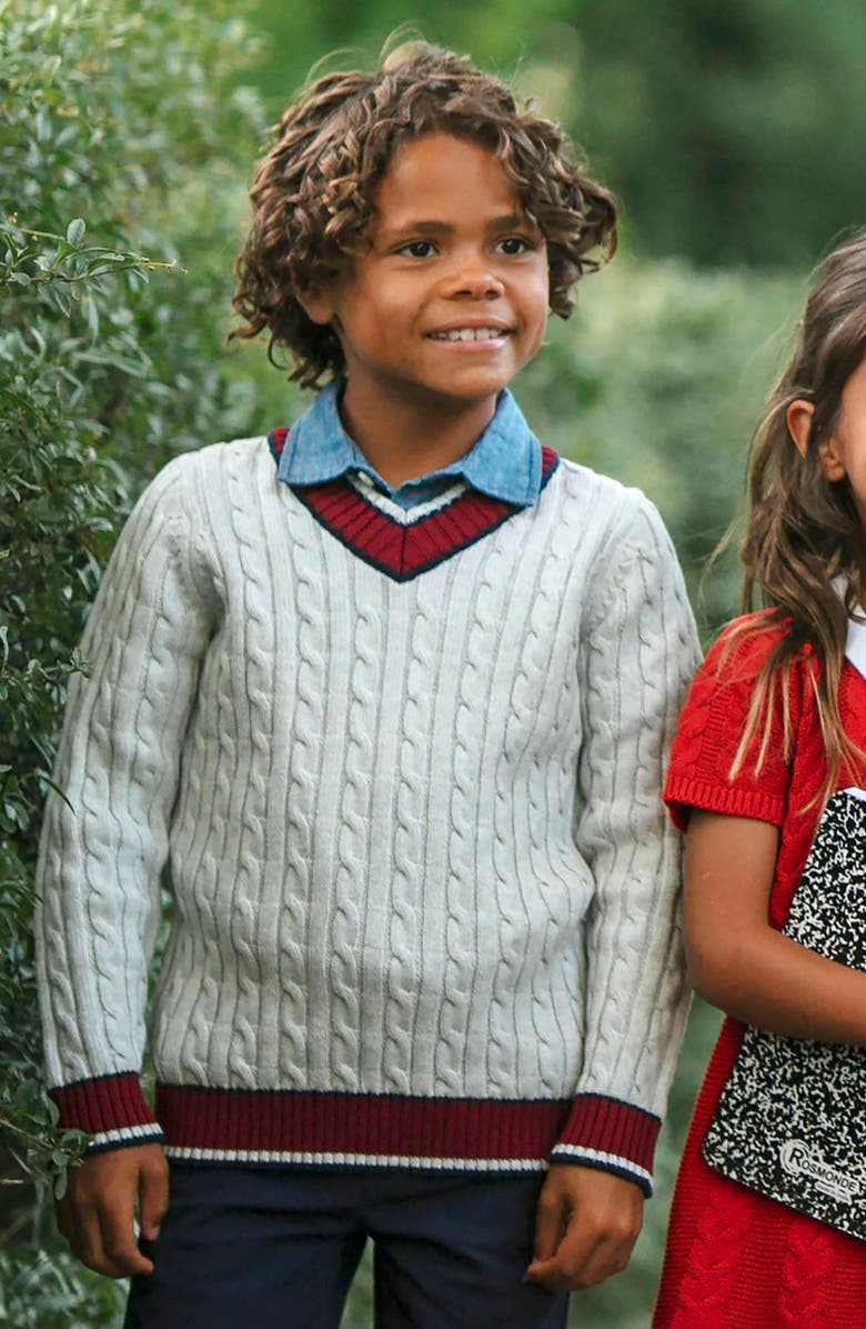 Hope & Henry Kids' Organic Long Sleeve V-Neck Cricket Sweater, Alternate, color, Light Gray Heather