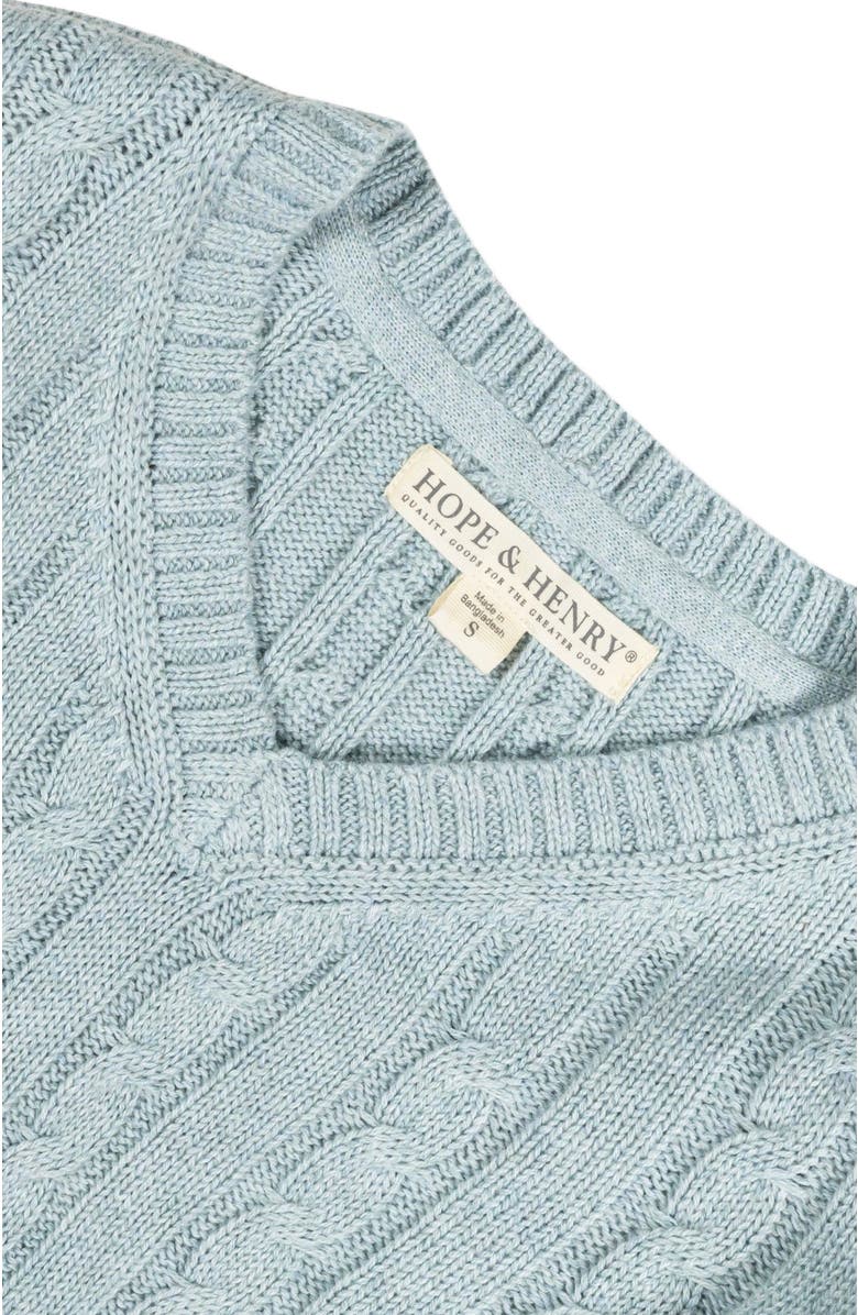 Hope & Henry Organic Long Sleeve Fine Gauge Cable V-Neck Sweater, Alternate, color, Dusty Blue Heather Cable