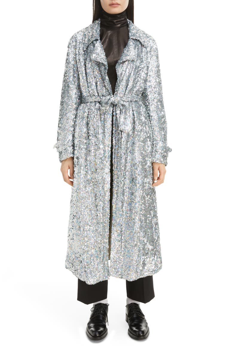 Ronas Quilt Lined Sequin Wrap Coat, Main, color, HOLOGRAM 21