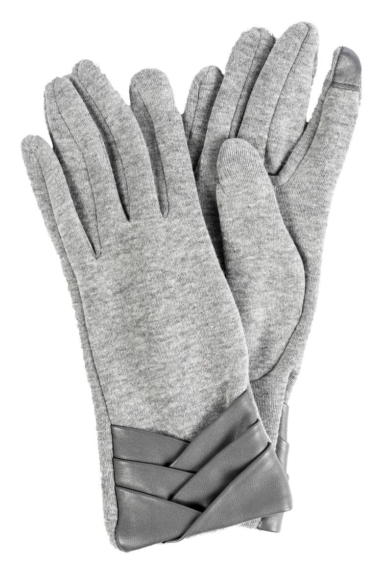 Pleated Faux Leather Jersey Knit Gloves, Main, color, GREY