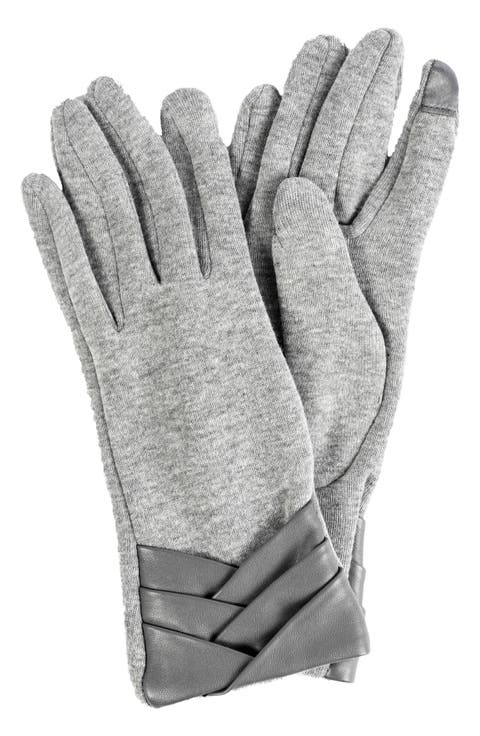 Pleated Faux Leather Jersey Knit Gloves