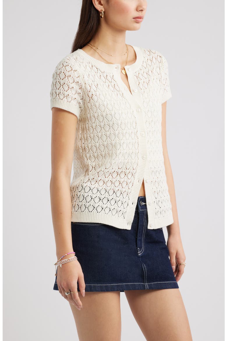 Pointelle Short Sleeve Cardigan, Alternate, color, IVORY ANTIQUE