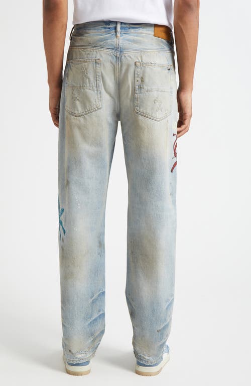 Amiri Distressed Embroidered Denim Trousers In Gray