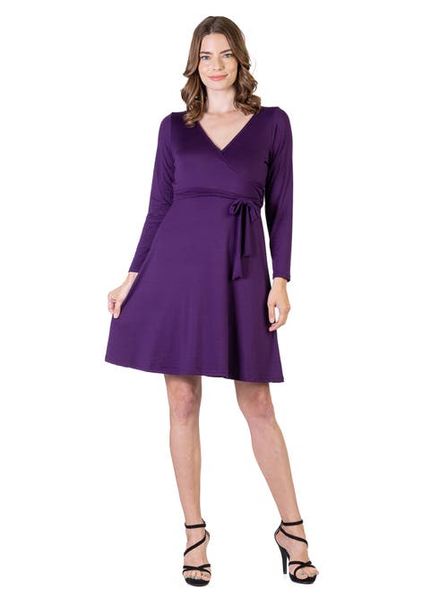 24seven Comfort Apparel Chic V-neck Long Sleeve Belted Dress In Purple