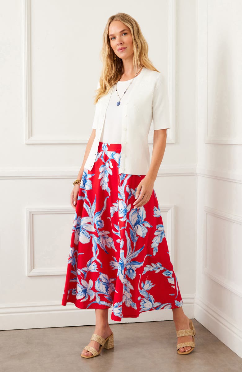 Karen Kane Floral Linen A-Line Midi Skirt, Alternate, color,