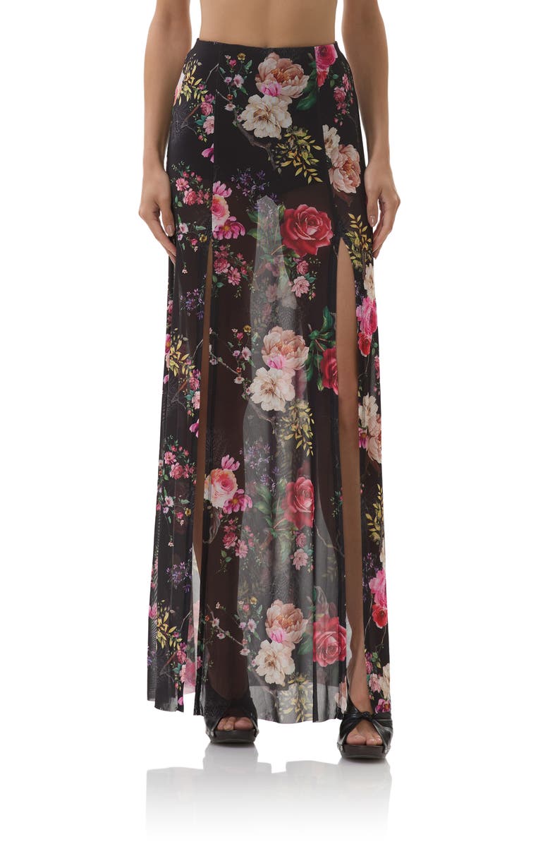 AFRM Batien Printed Mesh Maxi Skirt, Main, color, Noir Summer Rose