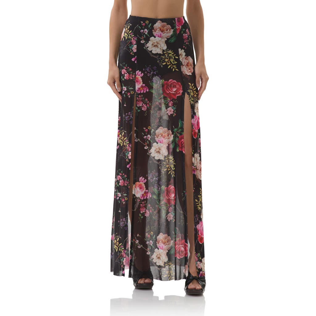 Afrm Batien Printed Mesh Maxi Skirt In Black