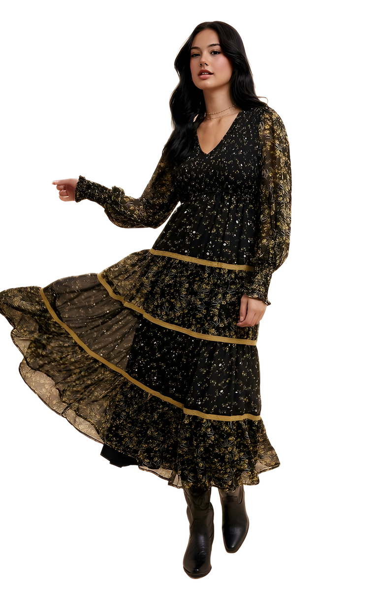 Knit and Lounge Floral Tiered Long Sleeve Midi Dress With Contrast Trim, Alternate, color, Black / Gold