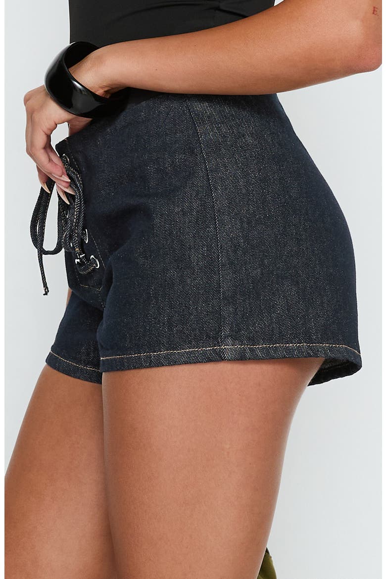Thunderbird Lace Up Micro Shorts, Alternate, color, DARK INDIGO WASH