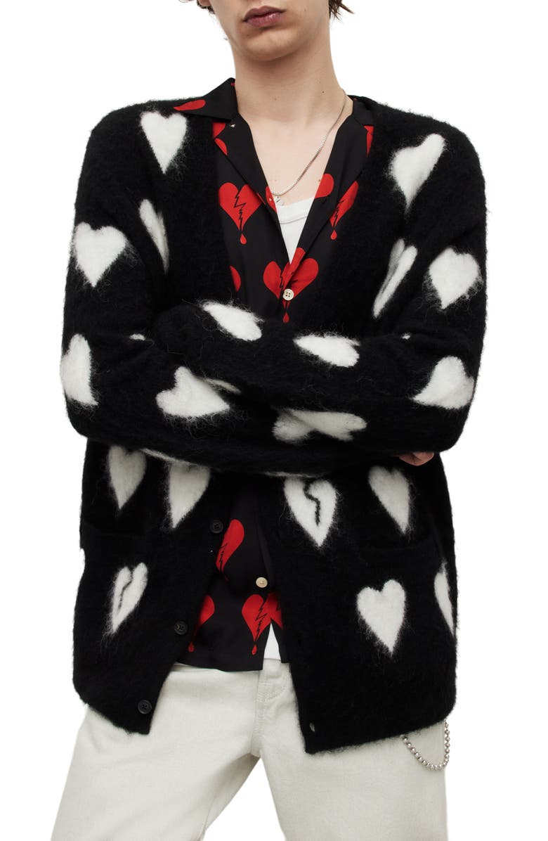 AllSaints Amore Fuzzy Heart Cardigan, Main, color, 