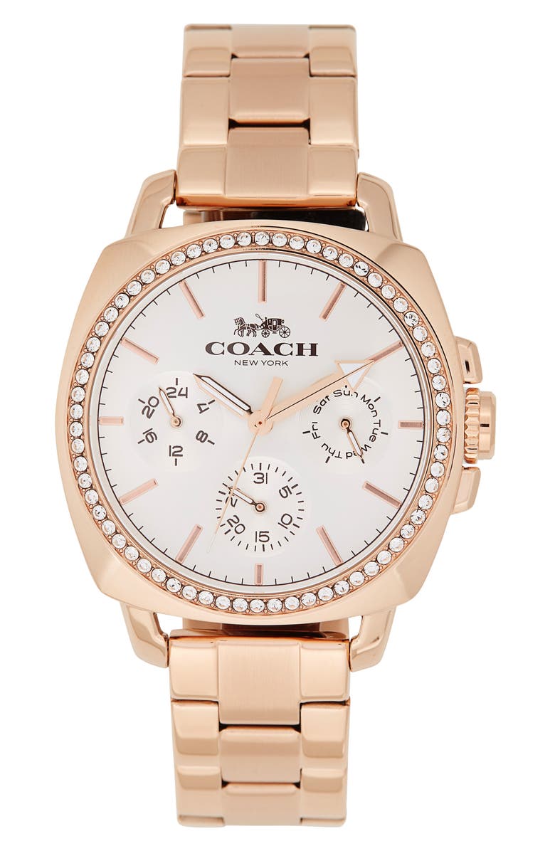 COACH Crystal Boyfriend Bracelet Watch, 21mm, Main, color, Rose Gold