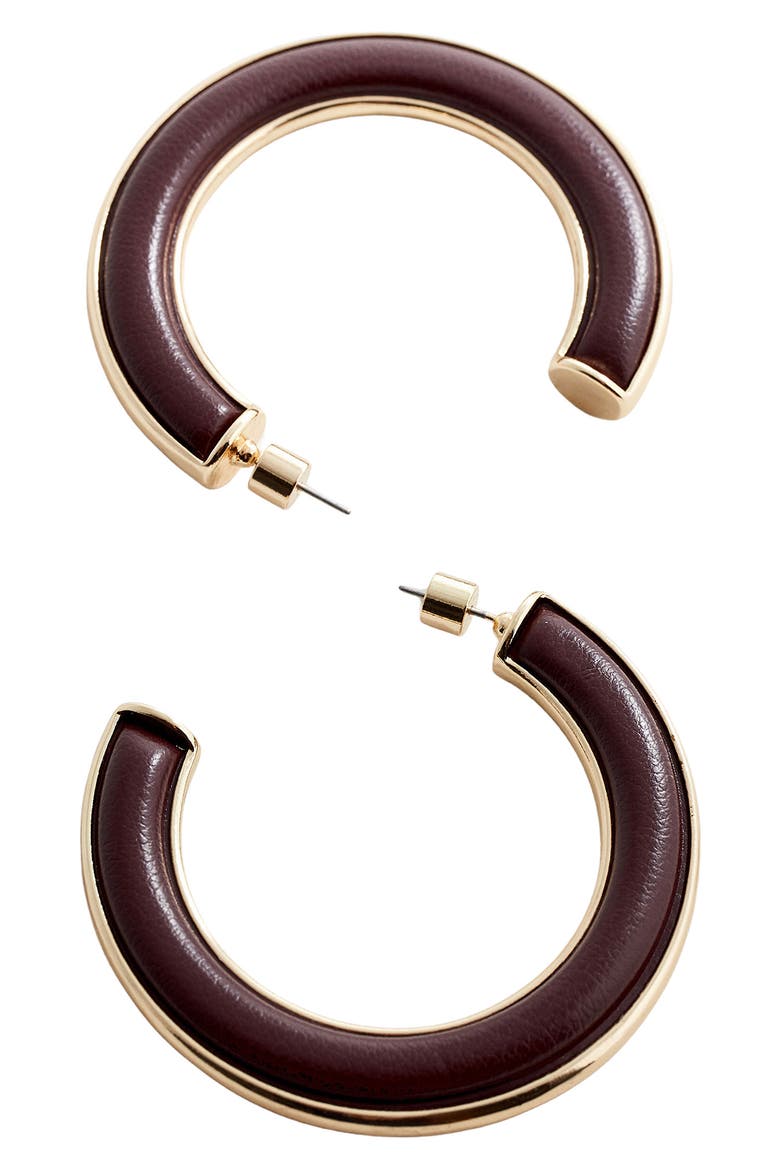 Faux Leather Hoop Earrings, Alternate, color, GOLD/BROWN