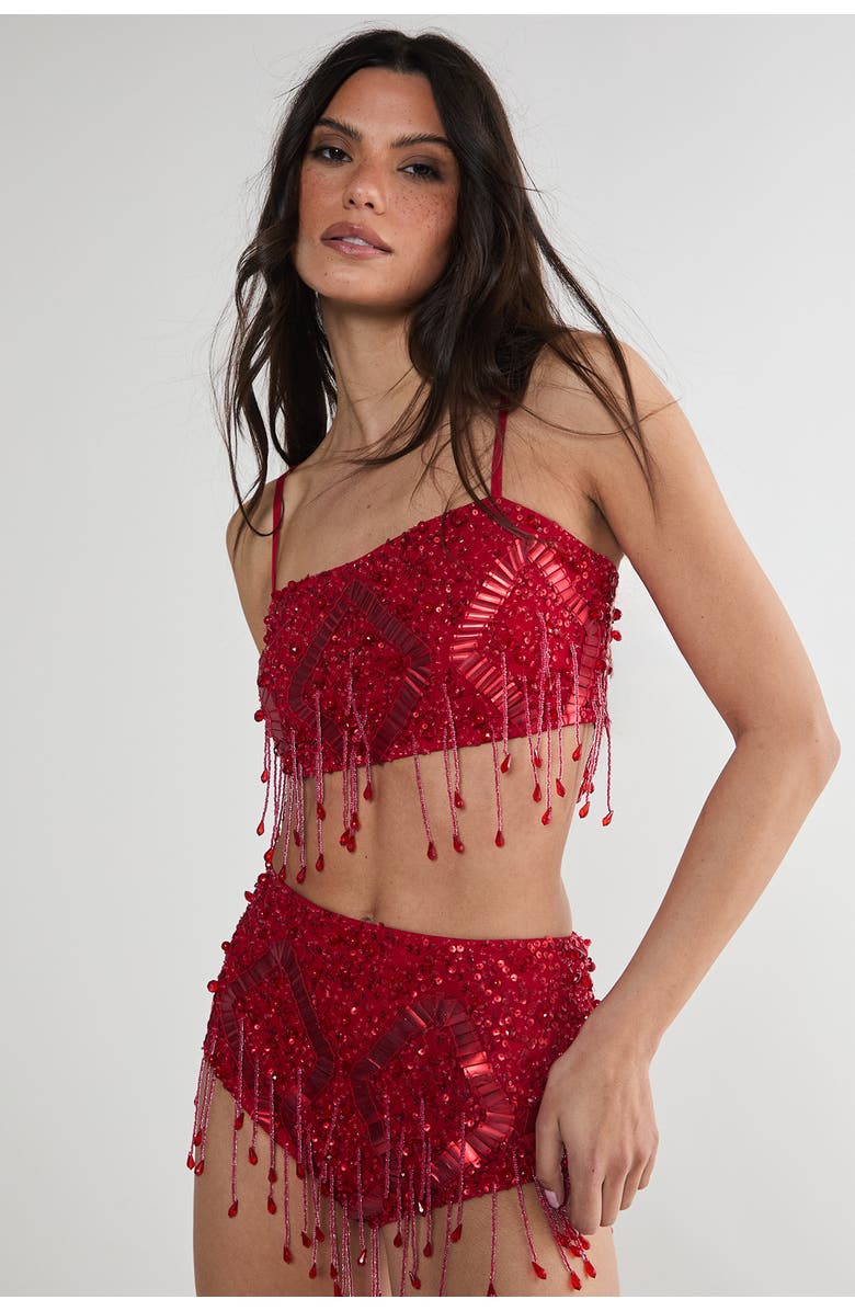 NASTY GAL Embellished Tassel Beaded Crop Top, Main, color, Red