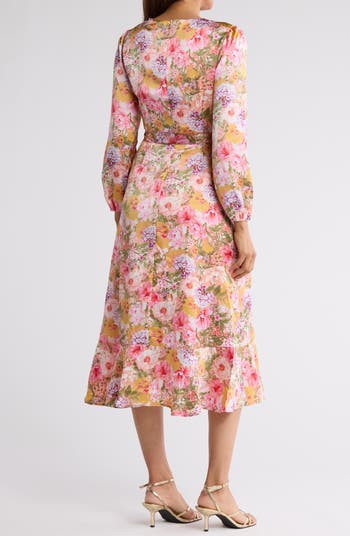 Floral Long Sleeve Tie Waist Dress