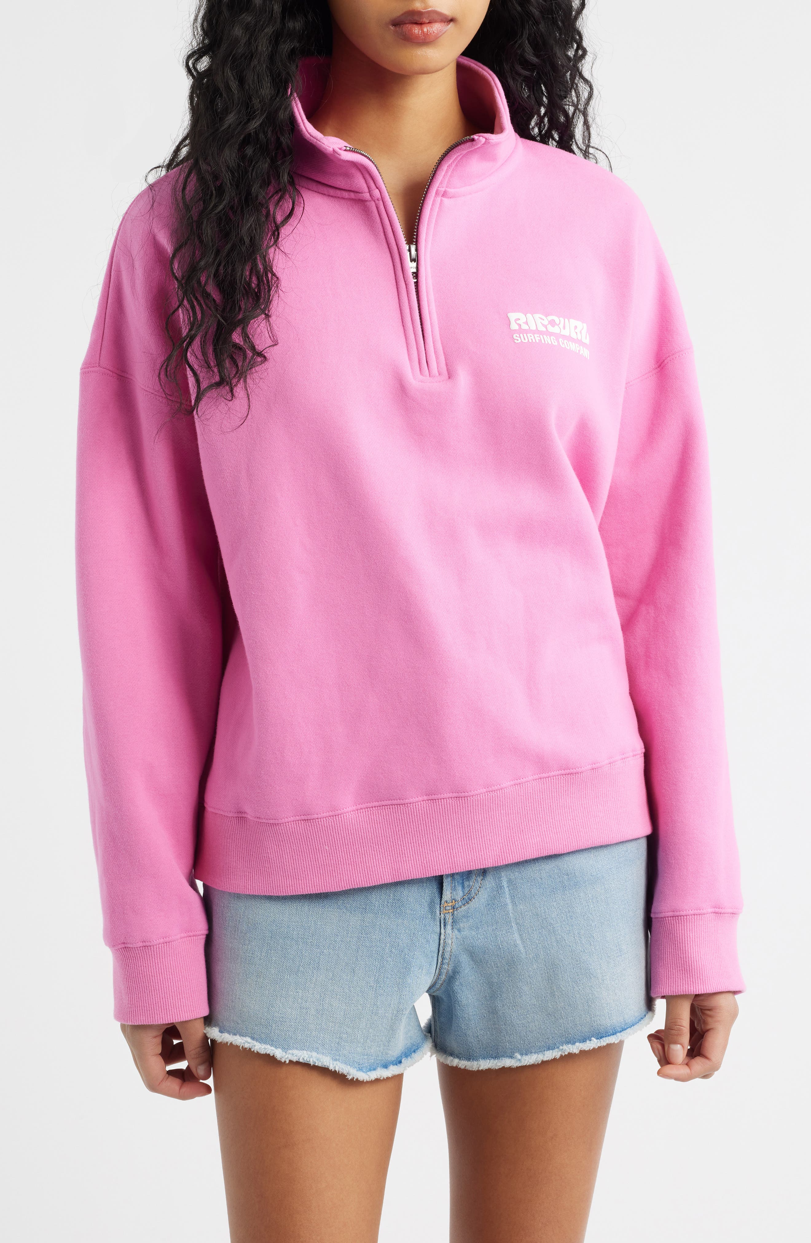 Rip Curl Surf Puff Logo Quarter Zip Sweatshirt In Pink