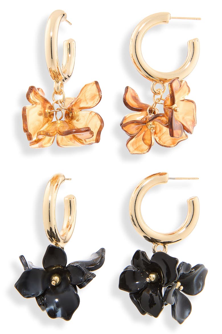 Set of 2 Flower Petal Drop Hoop Earrings, Main, color, BLACK/ BROWN